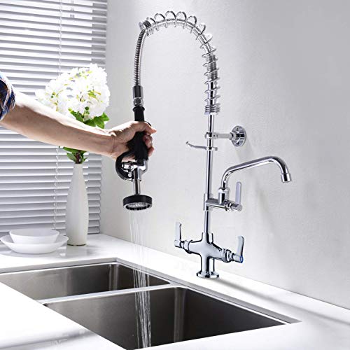 MSTJRY Commercial Faucet with Sprayer, Commercial Sink Faucet with Pre Rinse Sprayer, Restaurant Kitchen Faucet, 25 Inch Height, 8 Inch Swivel Spout, Deck Mount