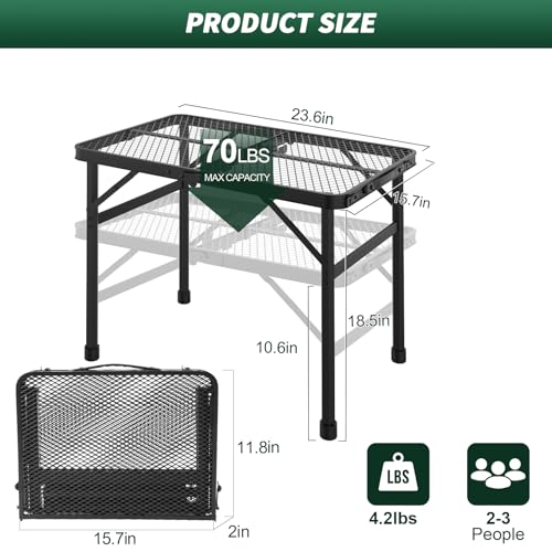 WildFinder Folding Table, 2x1.3 FT Camping Table with Mesh Desktop,Folding Grill Table with Mesh Bag,Portable Outdoor for Picnic,Camping,BBQ,Beach(Black)
