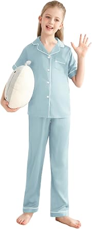 Veseacky Girls Silk Pajamas Short Sleeve Pjs for Kids Satin Two Piece Lounge Sets Button Down Sleepwear with Long Pants Light Blue,6y 7y
