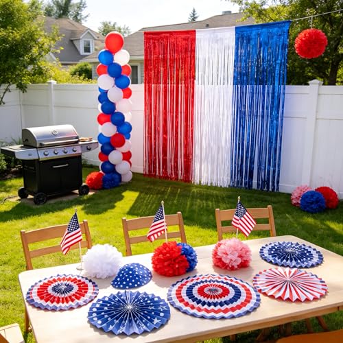 100pcs 4th of July Patriotic Christmas Independence Labor Day Party Decoration Sets with Red White Blue Balloons,Paper Fans,USA Flag Pennant,Star Streamer,Pom Poms,Tinsel Backdrop for Party Decor — view 4