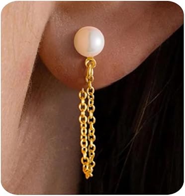 MUMREUES Gold Earrings for Women Trendy 14K Gold Plated Earrings Pearl Chain Cute Simple Minimalist Dainty Hypoallergenic Jewelry Gifts for Her