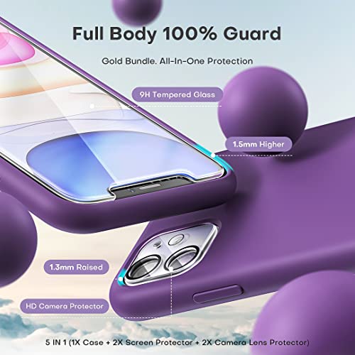 Tocol [5 In 1 Designed For Iphone 11 Case, With 2 Pack Screen Protector + 2 Pack Camera Lens Protector, Liquid Silicone Slim Shockproof Cover [Anti-Scratch] [Drop Protection], Grape Purple #TOP2