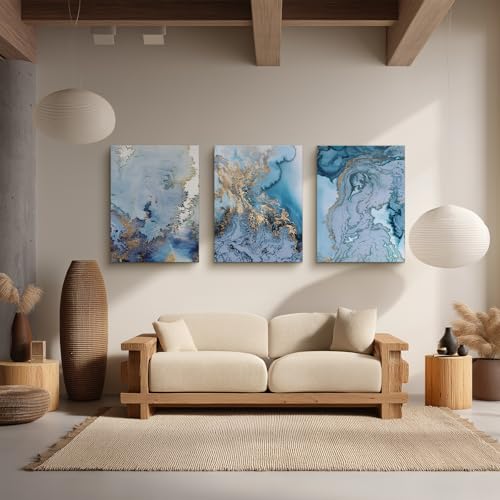 hyidecorart Abstrakte Bilder Leinwand mit Rahmen 50x70 cm 3er Set Deko Schlafzimmer, Wandbilder Wohnzimmer Modern Natur Kunstdruck Blau Golden Marmor Gemälde Flur Badezimmer Wohnung Büro Villa