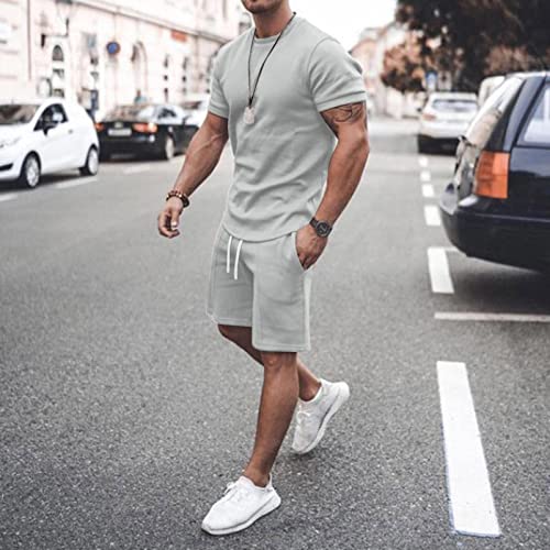 Men 2 Piece Outfits Summer Casual Crew Neck Muscle Short Sleeve Tee Shirts And Classic Fit Sport Shorts Set Tracksuit B-Grey #TOP1