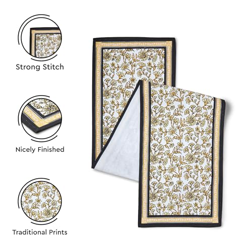 Image of Encasa XO Dining Table Runner for 4 to 6 Seater | Yellow-02 Block Printed Cotton Canvas | 32x183 cm | Jaipur Sanganeri Hand Print