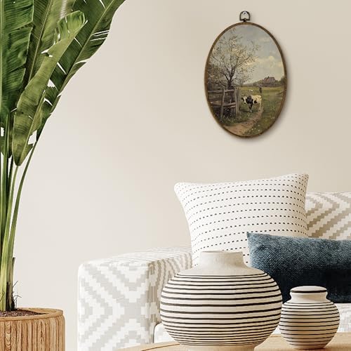 Yjeslw Vintage Farmhouse Cow Oval Wall Art Decor, Rustic Country Landscape Canvas Prints Framed, Antique Moody Countryside Cow Wall Hanging Decor for Home Bedroom Living Room, 8.6x11.4 Inches by Yjeslw - Used condition - Image 3