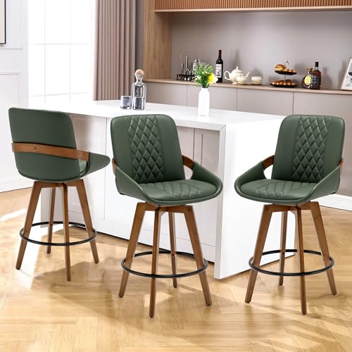 Image of Bar Height Bar Stools Set of 3, Mid Century Modern Retro Swivel Bar Chairs, Furniture with Curved Back, Faux Leather Upholstered and Walnut Wood Frame for Bar /Pub /Island (Green, 29.5 inch-3 PCS)