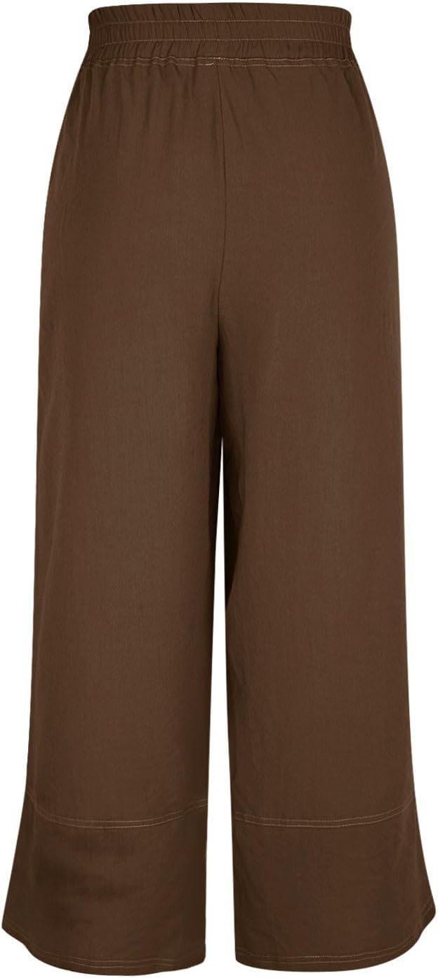 Women Linen Palazzo Pants Cotton Wide Leg Elastic Waisted Casual Capri Pant Summer Harem Lounge Trouser with Pockets