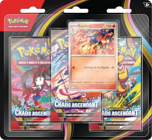 Pokémon : Blister de Trois boosters Méga-Évolution – Chaos Ascendant (1 Carte Promo Brillante et 3 boosters)