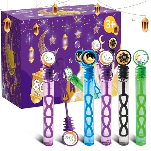 80Pcs Eid/Ramadan Mubarak Bubble Wands, Mini Bubble Wands for Eid Party Favors, Islamic Gift Toys for Girls Boys Kids Adults, Party Bag Stuffers Goodie Bag Filler, Classroom Prizes