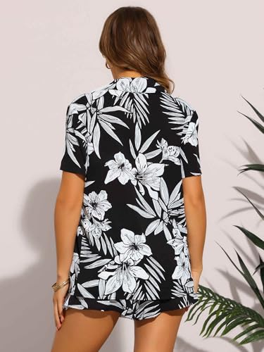 Allegra K Hawaiian Outfits 2 Piece Sets for Women's Tropical Floral Button Down Shirt and Shorts Casual Beachwear Sets3
