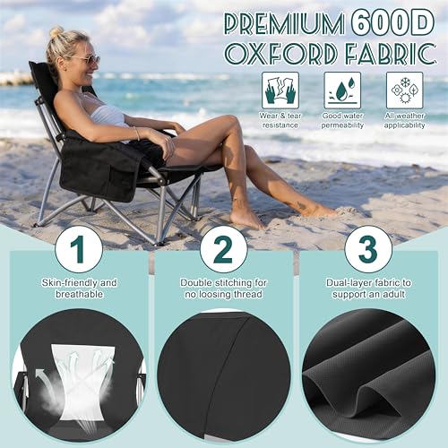 Image of HaSteeL Low Beach Chairs for Adults, Lightweight Camping Folding Chair with Carrying Bag, Portable for Outdoors Lawn Backyard Patio RV Trip Fishing Sport Tailgating, Support 300LBS, Black, 2 Pack