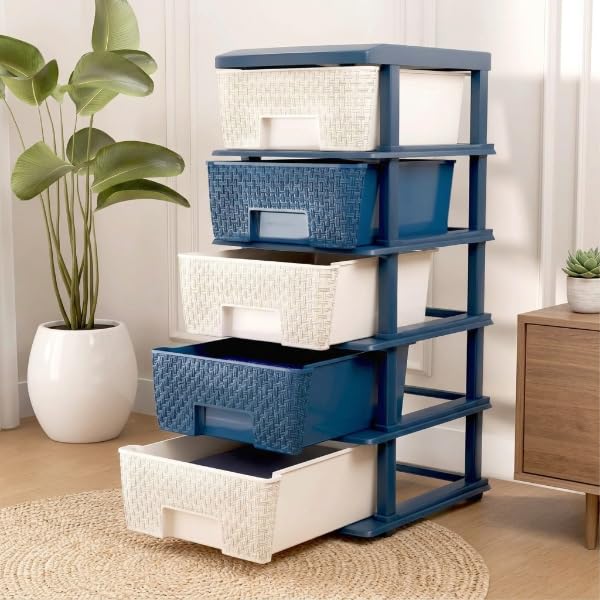 KITCHIVO™ Plastic Modular Drawer Storage Chest Of Drawers Organizer Storage Box, Large Stomo Racks For Multipurpose Anti-slip Shoes Organizers (White & Blue, 5 Layer)