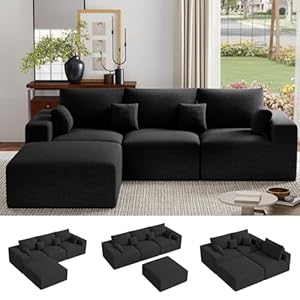 113″ L-Shaped Boneless Couch, Modern Modular Sectional Sofa with Deep Seat, Convertible Chenille Cloud Couches for Living Room,Black,1 PCS