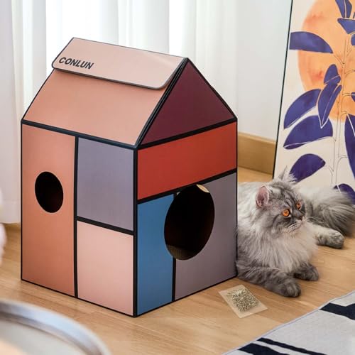 Miniatura 7 de Conlun Casa De Cartón Todo-En-Uno Para Gatos: Rascador, Cama Y Juguete Con Catnip - Diversión Garantizada, Mediano