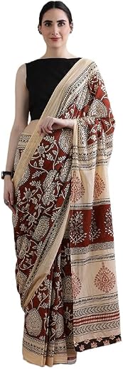 Vaishnavi Handicrafts Women's Hand Block Print Jaipuri Cotton Mulmul Saree with Blouse Piece | Cotton Saree For Women &amp; Girls