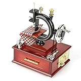 La caja de música vintage para máquina de coser no necesita batería, solo gira el mecanismo lateral a mano y abre el mini cajón, reproduce música