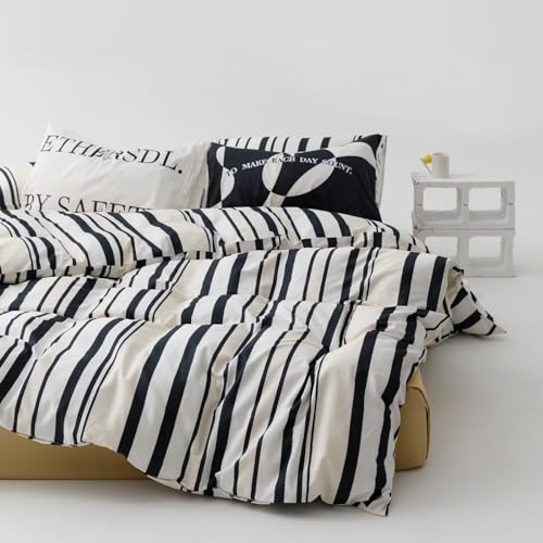 Image of KAREVER Striped Comforter Set Full Black and White Comforter Men Women Modern Chic Stripes Bed Comforters Beige Black Striped Full Ticking Bedding Comforter Set All Season Hotel Quality Bed Set