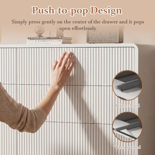 Image of Furniway Bedroom Dresser Set 3 Piece, 6 Drawer Curved Dresser with 2 Nightstands, Modern Fluted Wood Storage Cabinet, White Chest of Drawers with Pop-Up Design, White