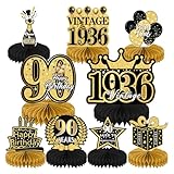 Centros Decorativos de Mesa para 90 Cumpleaños, 9 Piezas Centro de Mesa Decorativo para 90 Años Fiesta, Oro Negro Papel Panal Decoración de Cumpleaño para Hombres y Mujeres Nacido en 1936