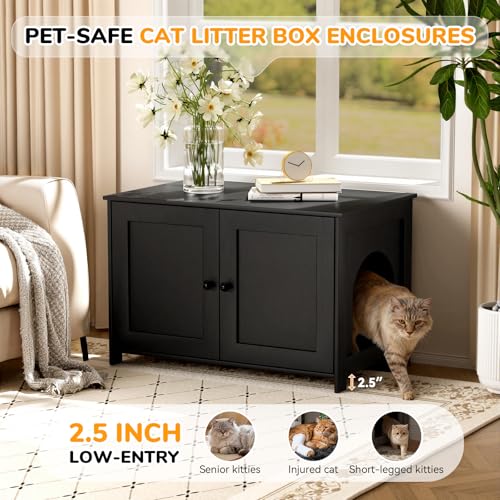 Fecuria Cat Litter Box Enclosure Furniture Dog Proof, Hidden Kitty Washroom Cabinet Low Entry, Wooden Cat Boxes Enclosure Odor Control for Home, Farmhouse Style Decorative TV Stand with Storage, Black