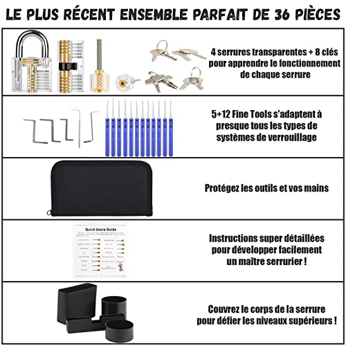 Diyife 37 Stück Lockpicking Set, [Schwierigkeit Upgrade] Dietrich Set mit 4 Transparente Schlösser und 4 Schwarze Verschlusshülsen, Handbuch für Anfänger und Professionelle Schlosser - Blau