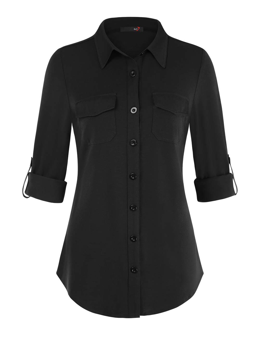 DJT Damen Weiches Gestrick Kariertes Blusen Langarm Oberteile Roll Up Ärmel Hemdbluse Button Down Tops