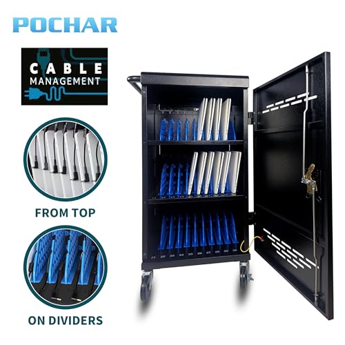POCHAR 30 Unit Device Charging Station for Chromebook, iPad, 14'' Laptop - Charging Cart with Charger Cable Management, Circuit Breaker, Grounding Protection, Assembly Required