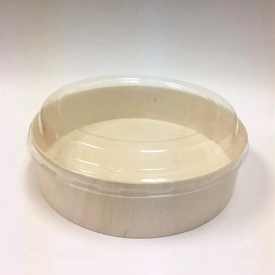 |100/Pack Round Wooden Food Container With Lid Take Out Bowl Sushi Noodle Salad Dessert Candy Box Serving Trays 7 inch