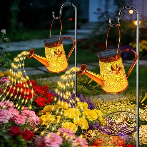 2 Pack Solar Watering Can Lights, Hummingbird Gifts for Women Mom Grandma Birthday, Waterproof Outdoor Garden Decor Large Hanging Solar Lanterns Garden Lights for Patio Porch Yard Flowerbed Pathway