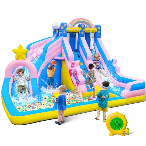 TOAOB Inflatable Water Slide: 6 in 1 Bounce House Water Park for Kids - Climbing Wall Splash Pool 2 Water Cannon 2 Slide Basketball Rim - 550W Blower - for Outdoor Backyard Birthday Party