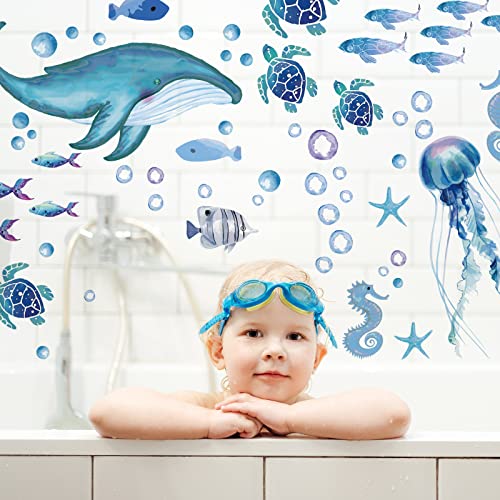 Whaline 143 Pieces Ocean Wall Decals Watercolor Under The Sea Wild Life Animals Wall Stickers Waterproof Peel And Stick Removable Murals For Diy Nursery Bedroom Living Room Bathroom Wall Art Decor #TOP3