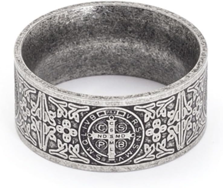 Exorcist Saint Benedict Vintage Titanium Steel Ring, Christian Protection Amulet 10mm Wide Band, Retro Religious Jewelry