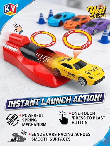 Image of Stylo Kreations Metal Car Launcher Toy Set for Kids 3+ | 4 Die-Cast Racing Cars with Spring Action Launcher, Traffic Cones & Accessories | Push & Launch Racing Car Toy Gift Set