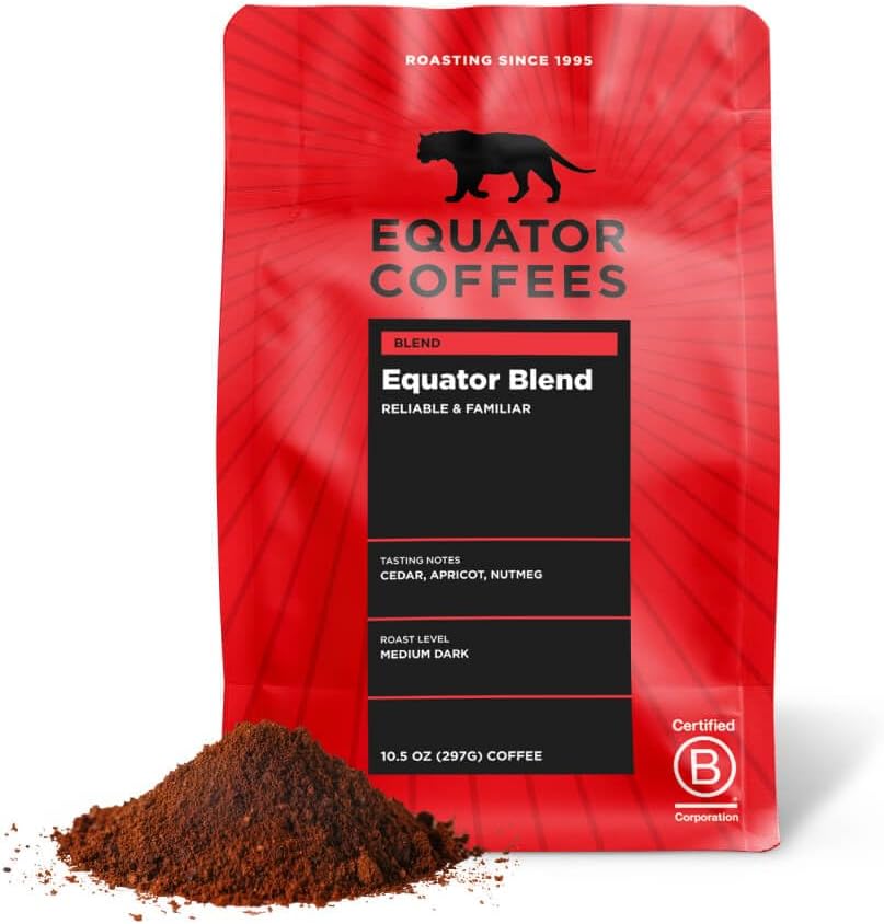 Equator Coffees, Equator Blend Ground Coffee, Medium Dark Roast, Fresh Roasted, Smooth Chocolate & Nutmeg Flavor Notes, Sustainable, 10.5 oz Bag