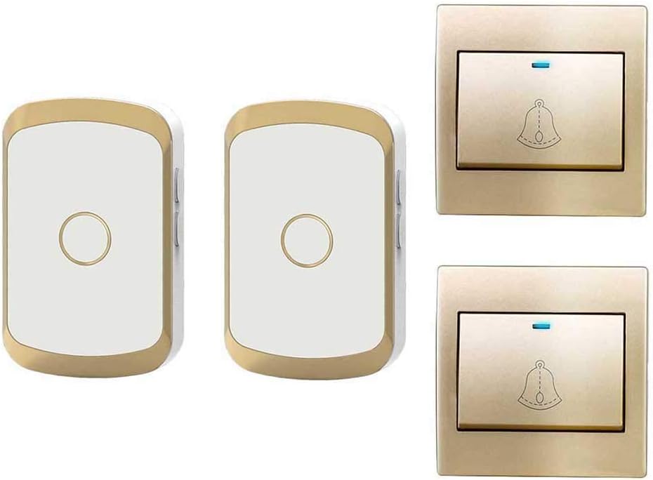 Wireless Doorbell Waterproof, Wireless Remote Control Doorbell 2 Transmitters 2 Receivers / 36 Music Melody / 4 Levels of Volume Adjustment, Suitable for Office/Home, Etc.,Gold,Gold