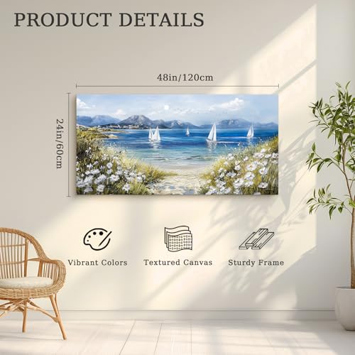 crmotu Beach Wall Art, Coastal Wall Decor, Large Landscape Wall Art, Beachy Wildflower Artwork for Walls, Seascape Sailboat Canvas Pictures for Living Room Bedroom Office Art Prints 24x48inch
