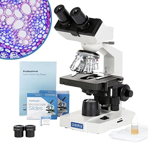 OMAX 40X-2000X LED Binocular Compound Lab Microscope w/ Double Layer Mechanical Stage + Blank Slides, Cover Slips, & Lens Cleaning Paper, M82ES-SC100-LP100