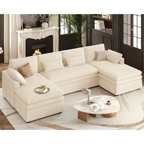 Belffin Large Modular Sectional Sofa with Double Deep Chaise, 135" Corduroy U Shaped Sectional Couch with 9" Soft Dual-Layer 6 Seats U Shaped Couch for Living Room, Apartment, Beige 6-Seater