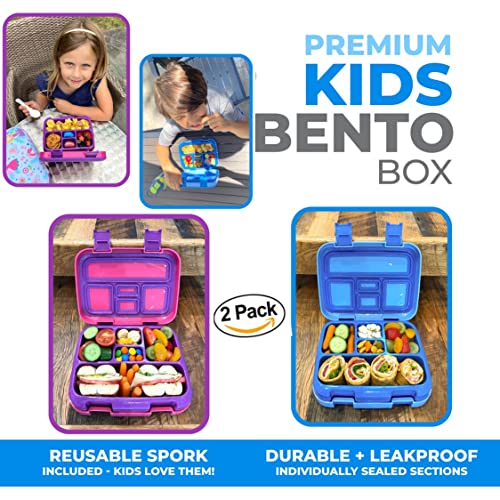 Image of kinsho Bento Lunch Box for Kids Toddlers Boys Girls, 5 Portion Sections Secure Lid, Microwave Safe BPA Free Removable Tray, Pre-School Kid Daycare Lunches Snack Container, Blue & Pink Purple 2 Pack