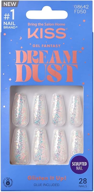 Kit de uñas postizas, uñas esculpidas en gel listas para usar Dreamdust, palo y pegamento incluidos, longitud larga, forma de ataúd con efecto de brillo blanco, pegamento de tendencia más caliente de larga duración en las uñas
