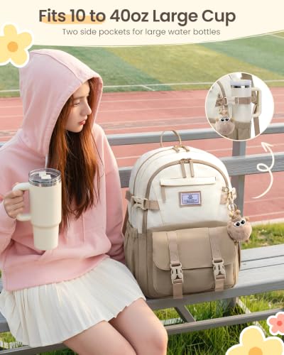 LOVEVOOK School Backpack for Teen Girls, Bookbag for 8-16 Student, Middle High College Back to School Cute Kids Backpack, 15.6 Inch, Khaki-beige - Image 5