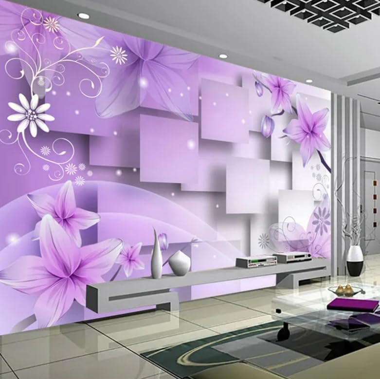 Papier peint fleurs violettes 3D pour agrandir un salon sombre et masquer les murs