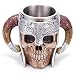 Stainless Steel Double Handle Horn Skull Beer Cup, Viking Warrior Skull Mug Tankard, Medieval Skull Drinkware Mug for Coffee/Beverage/Juice 17oz.