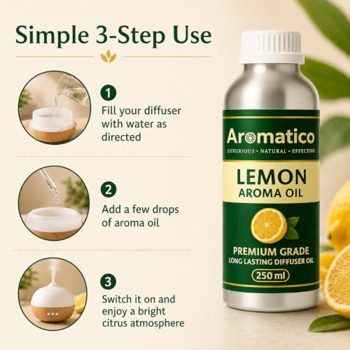Image of AROMATICO Lemon Diffuser Oil with Strong, Long-Lasting Fragrance for Homes, Offices & Showrooms. For Aromatherapy, Diffusers, Air Purifiers, Vaporizers - 250 ml