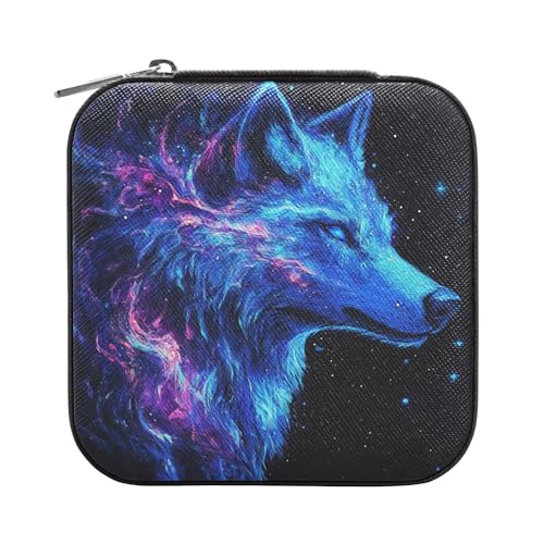 ALAZA Boîte à bijoux pour femmes et filles, galaxie en forme de loup, petite boîte de rangement portable en cuir synthétique pour bagues, boucles d'oreilles, colliers, cadeaux - Noir