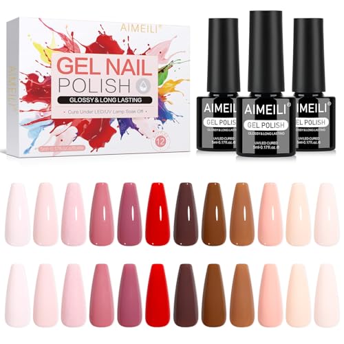 AIMEILI Esmaltes Semipermanentes Para Uñas Gel Polish Kit uñas Semipermanentes UV LED 12 Otoño Colors Marrón Rosa Morado Nail Art DIY Home Salon Manicure 5ML-Set 42