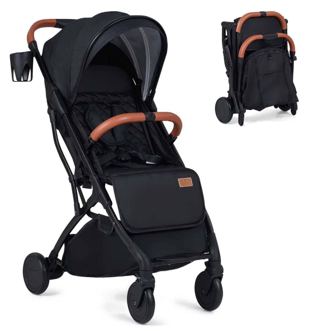 LIFEZEAL Poussette Légère pour Enfants de 0 à 3 ans, Poussette de Voyage Pliable avec Capote, Repose-pieds, Porte-gobelets, Panier de Rangement, Housse de Pluie, Jusqu'à 15 kg (Noir)
