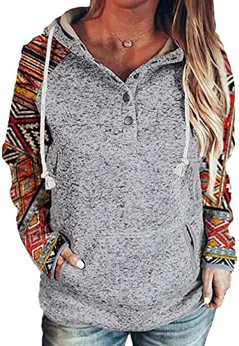 Dokotoo Womens Hoodie Winter Fall Cute Button Collar Ethnic Print Patchwork Color Block Long Sleeve Knit Stitching Drawstring Sweatshirts and Hoodies Pullover Casual Fashion Shirts Tops for Women