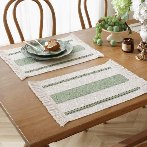 Image of HomeCloud Croshia Woven Table placemat - Heat Resistant, Washable Table Decoration for Dining, Office, Kitchen, Hotel, and Home (Rec White Green, Set of 6)
